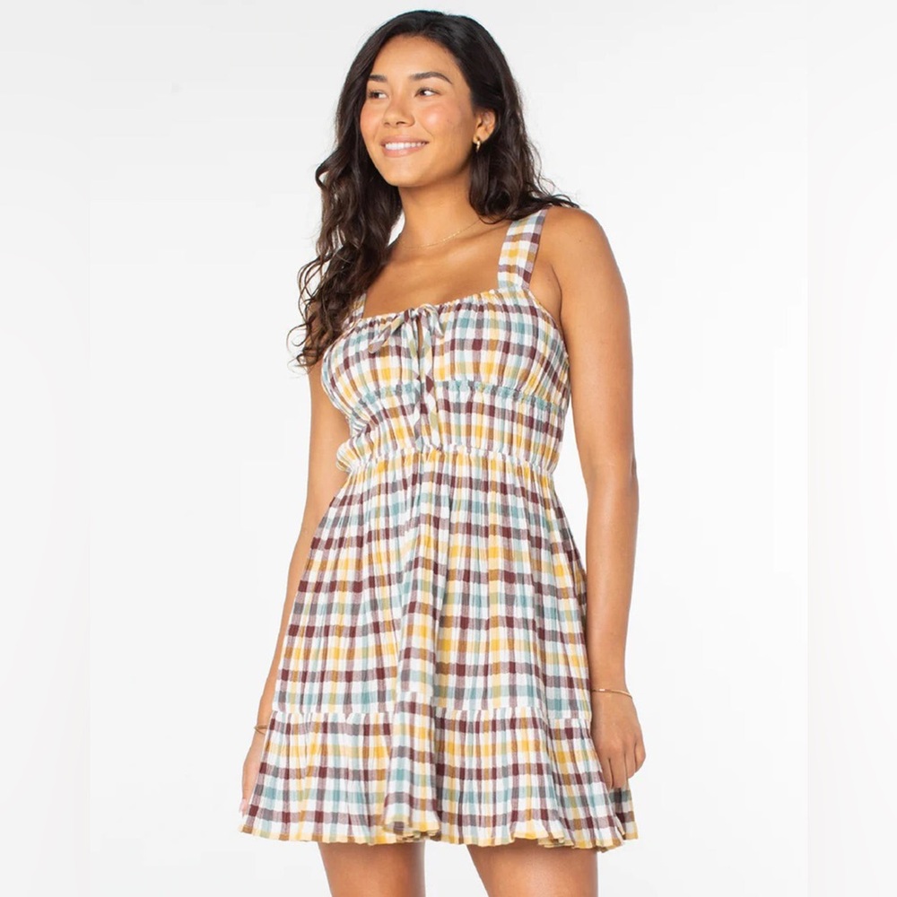Roxy Colorful Checkered Midi‎ Dress medium 99% Cotton